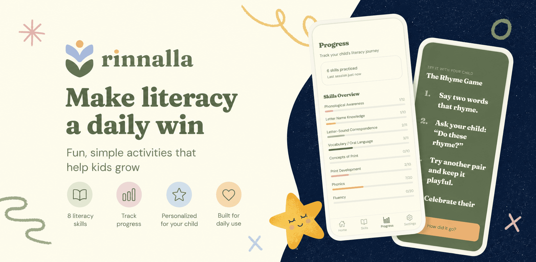 rinnalla app preview showing literacy progress and a rhyme game activity